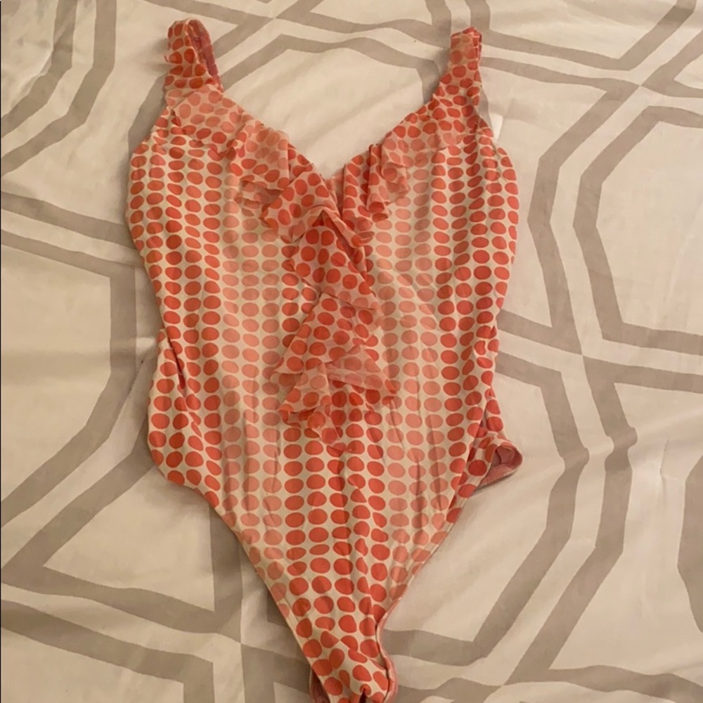 Pink polka dot one piece bathing suit!